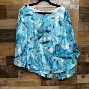 NWOT Alex Evenings Blue Floral Sheer Overlay Asymmetrical Hem Top Plus Size 2X